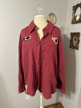 New In Boho Oversized Button-Down Shirt in Brick Red